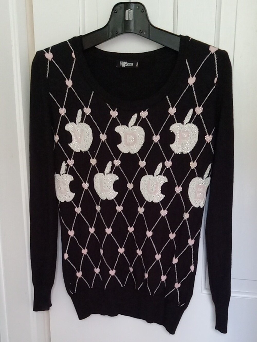 VDP Collection Via Delle Perle Vintage Rhinestone Apple Argyle Knit Sweater M